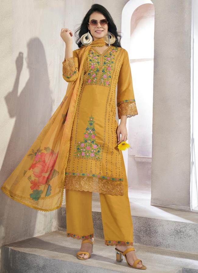 Roman Silk Mustard Festival Wear Hand Work Readymade Straight Suit